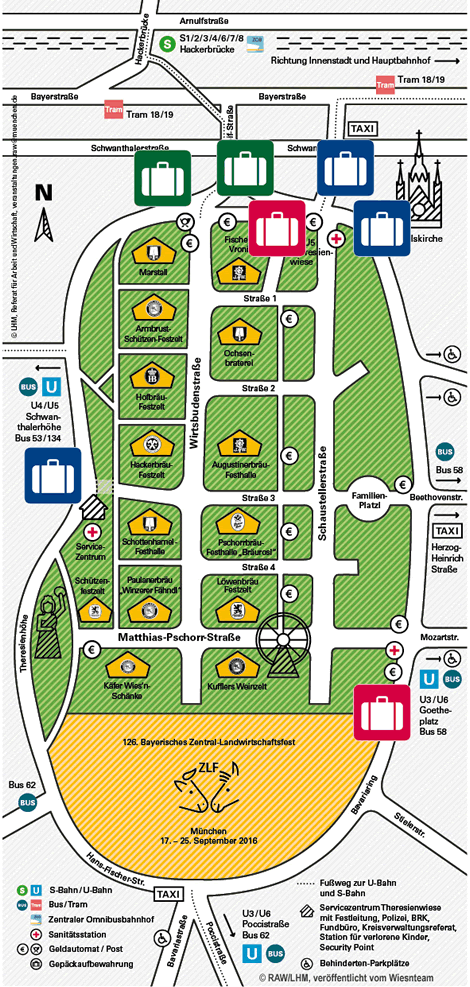 Wiesn Gepäckaufbewahrung - Plan mit den Stationen rund um die Theresienwiese - Munich Oktoberfest luggage and baggage service