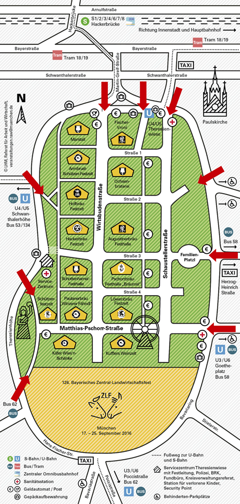 Wiesnlageplan mit Zugängen - Plan der Stadt mit den Eingängen zum Oktoberfest (Bild RAW)